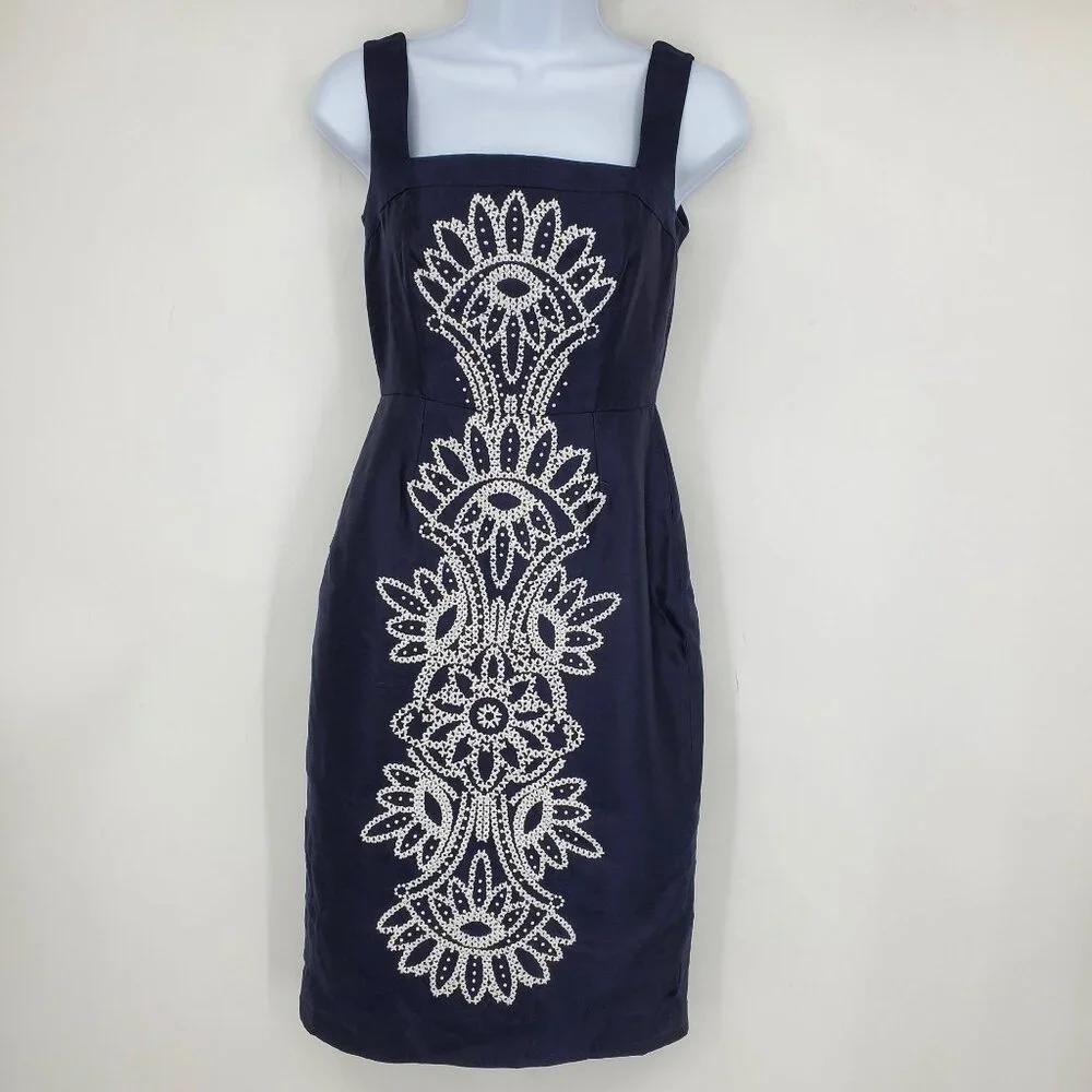 Tory Burch Navy‎ Lily Preppy Silk Quiet Luxury Fit & Flare Square Neck Dress 0